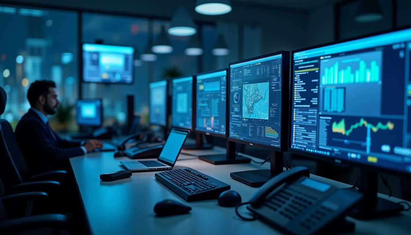 Multiple computer screens in a big office