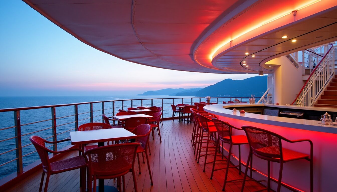 Cruise ship deck at dusk with a bar area, featuring a white canopy with red lighting, wooden floor, and red metal tables with mesh sides, surrounded by a railing overlooking the ocean, with a staircase leading to another deck level in the background, under a blue and pink sky.