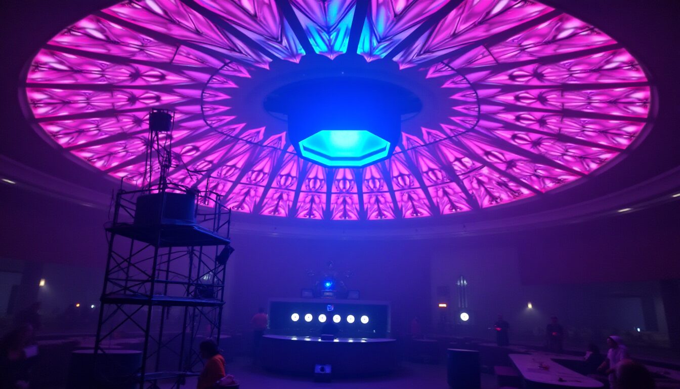 A large, dimly lit room with a high, dome-shaped ceiling composed of numerous geometric panels that emit a vibrant display of pink, blue, and purple lights. The central panel is an octagon surrounded by a ring of bright blue light, while the surrounding panels are arranged in a pattern of triangles and trapezoids, displaying a gradient of colors.