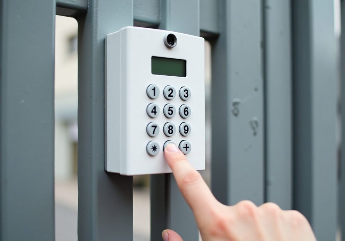 Building Access control panel with someone pressing a button