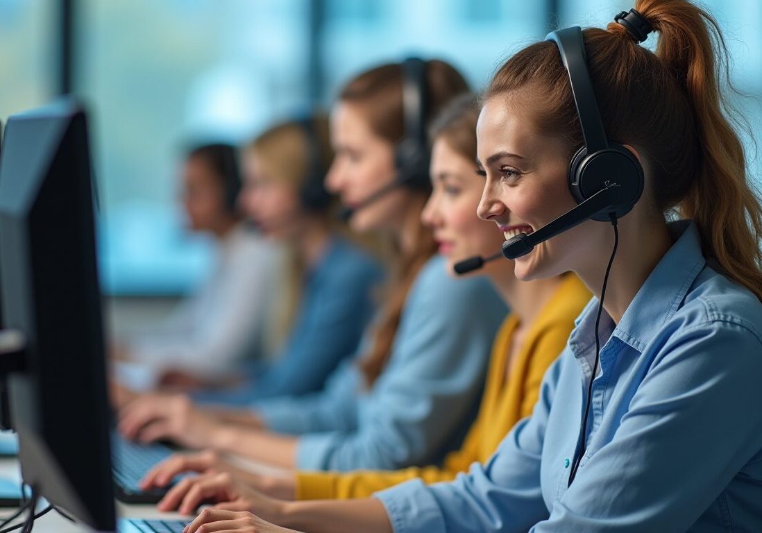 Call centre with pretty girl with a head set on sitting at a computer