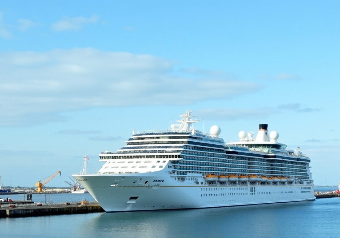 A large white cruise ship is docked at a port, with its bow facing the left side of the image.