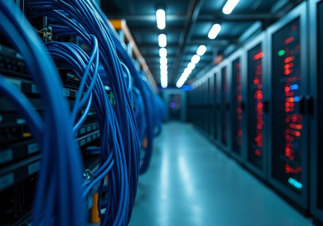 data cables and computer servers supplying a large office