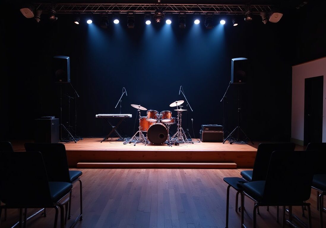 A stage is set up with musical equipment, including a drum set, a keyboard, and speakers, all bearing a logo featuring a shield with a crown, in a white shield-shaped design. The stage has a wooden floor and is surrounded by a low wall with a wooden top, and is lit by spotlights from above.
