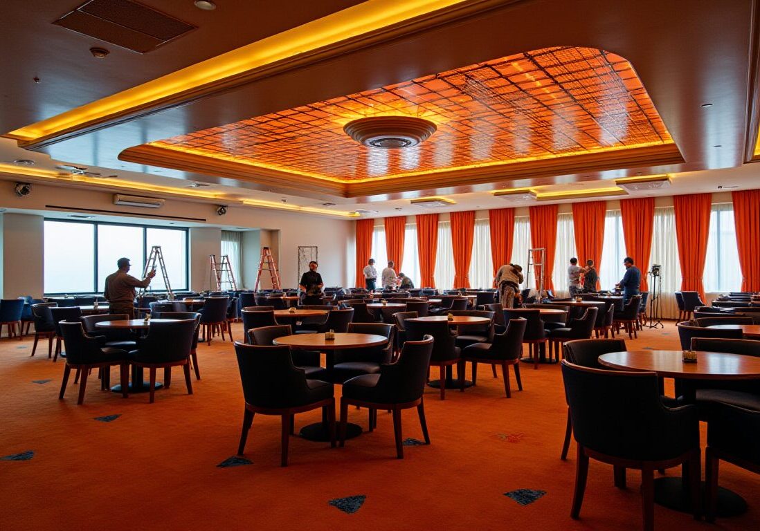 A spacious, dimly lit room with a high ceiling featuring a grid pattern and gold and red LED lighting along the edges and a circular design in the center. with a generous bar for drinks
