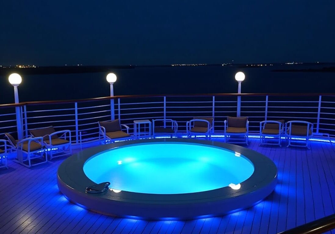 A cruise ship's deck at night with a large circular hot tub in the center, surrounded by lounge chairs and a railing with blue lights underneath.